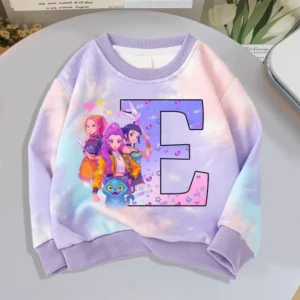 KPop Demon Hunters Tie-dye Hoodie for Girls Cartoon Letter Printed Round-neck Sweatshirt Children Autumn Sweet Cute Sweatshirts