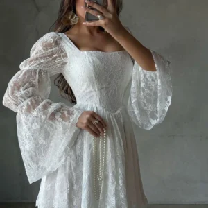 AODEBIAO Women Mesh A-line Dress Long Sleeves Fashion See Through Sweet Mini Dress Sexy Lace Flared Sleeves Elegant Party Dress