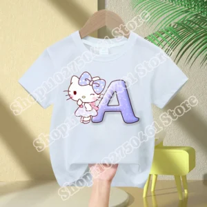 Sanrio Child Short Sleeve T-shirt Girls Hello Kitty Letters A-Z Print Cotton Tops Cartoon Kawaii Summer Casual Tees Kids Gifts