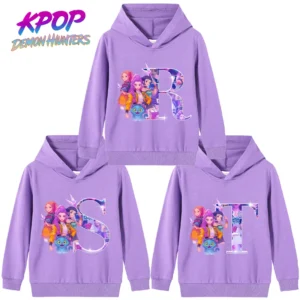 KPop Demon Hunters Hoodies Girls Cartoon A-Z Print Sweatshirt Tops Hooded Child Autumn Pullover Long Sleeves Kids Clothes Gifts
