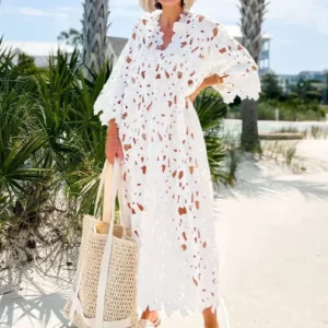 Sexy Lace Hollow Out V-neck Dress For Women Elegant Three Quarter Sleeve Solid Dresses Beach Vacation Midi Loose Vestidos
