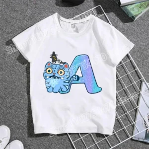 KPop Demon Hunters Child Short Sleeve T-shirt Cartoon Letter A-Z Print Cotton Top Boys Girls Kawaii Summer Casual Tees Kids Gift