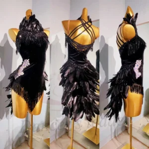 Latin Dance Costume AB Stone Female Adult Children High-End Customized Black Feather Black Pool Samba Performance Dress
