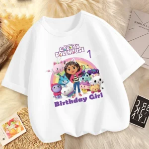 Gabby Dollhouse Child Cotton T-shirt Cartoon Birthday Number Print Short Sleeve Tees Girls Summer Casual Tops Cute Kids Clothing