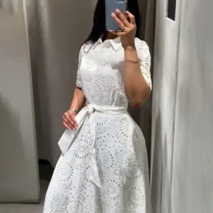 HH Women's Fashion Dress White Turn Down Collar Short Sleeve Bow Lace-Up Single-Breasted Female Summer Embroidery Long Dress