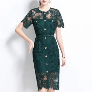 SMTHMA Fashion 2025 New Spring Short Sleeve Midi Lace Dresses for Women Single Breasted Aline Holiday Party Dress Female Vestido