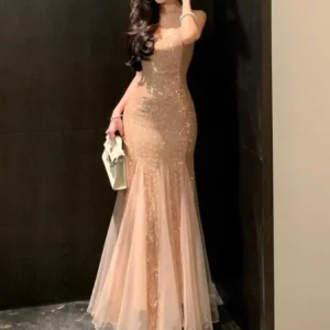 French Summer Gold Sequins Patchwork Mesh Sleeveless Sexy Party Fishtail Evening Dress Women Elegant Pleated Slip Long Dress New