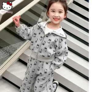 Kawaii 2Pcs Children Cartoon Anime Sports Set Hello Kitty Sanrio Kuromi Fashion Zipper Korean Hoodie Wide Legs Y2K Jacket Pants