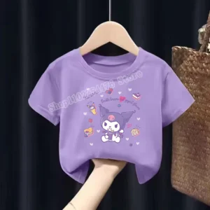 Sanrio Child Short Sleeve T-shirt Cartoon Kuromi Print Polyester Tees Girls Summer Casual Round Neck Tops Kawaii Kids Clothing
