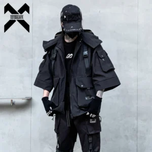 Hip Hop Function Tactical Jackets Men Multi Pockets Half Sleeve Coats Hip Hop Streetwear Male Hooded Jackets Tops Techwear