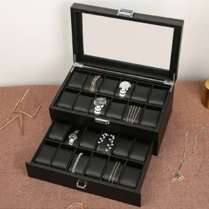 24 Slots Mens Watch Box Case Organizer Watches Jewelry Storage With Valet Drawer